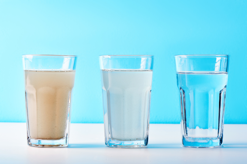 Water,Filters.,Concept,Of,Three,Glasses,On,A,White,Blue