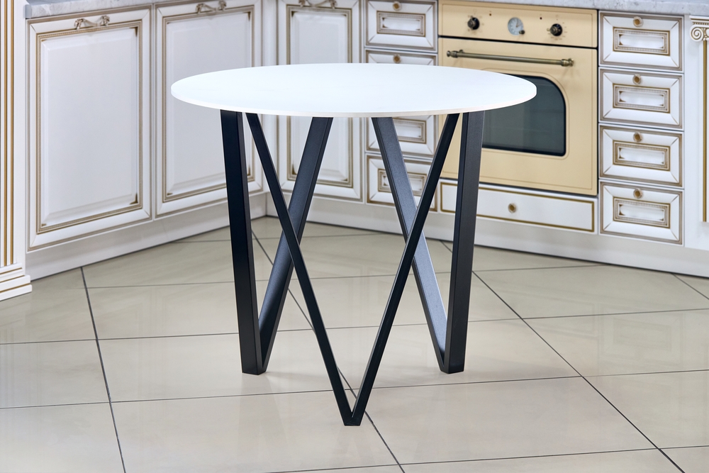 Loft-style,Kitchen,Table,With,Round,Light,Stoneware,Countertop,And,Black